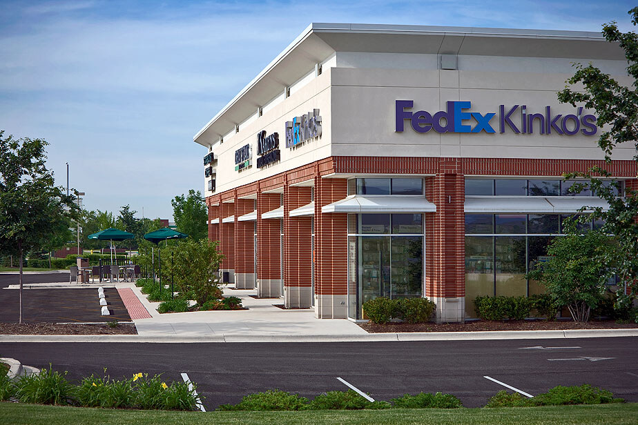 New Construction Retail Shopping Center exterior side view, Bolingbrook