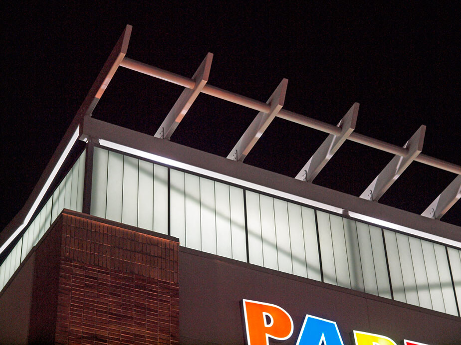 Retail shopping center redevelopment, roof exterior view at night, Berwyn