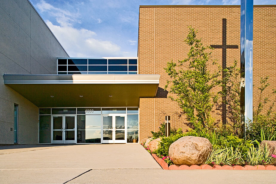 New church building design, view of front entryway, Wheeling